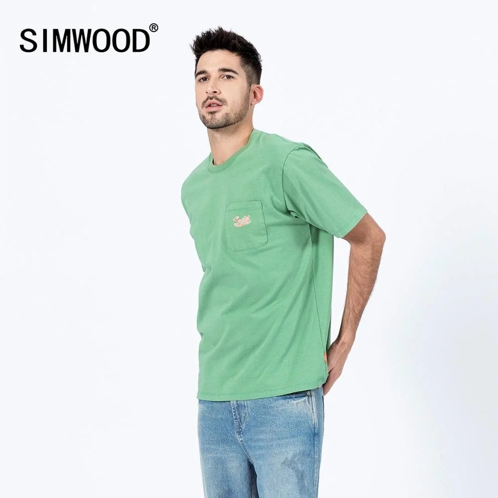 

SIMWOOD 2023 chest pocket t-shirt men fashion spring summer new embroidery 100% cotton slim fit tops fashion tees SJ120012