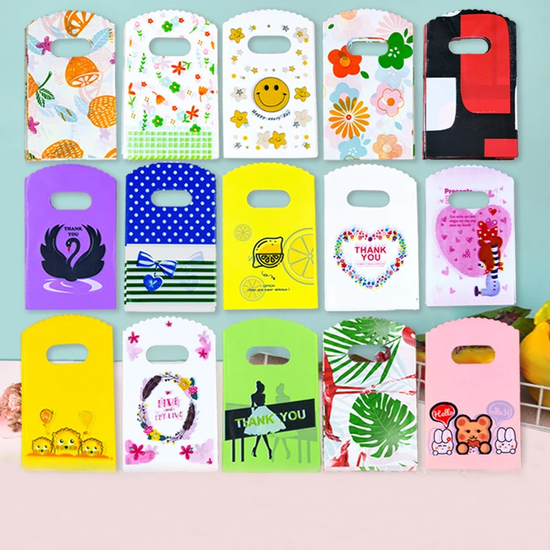 

50Pcs/Lot 9*15cm Jewelry Small Bow Gift Plastic Bags Earrings Hair Cards Boutique Shopping Candy Gift Packaging Bag with Handles