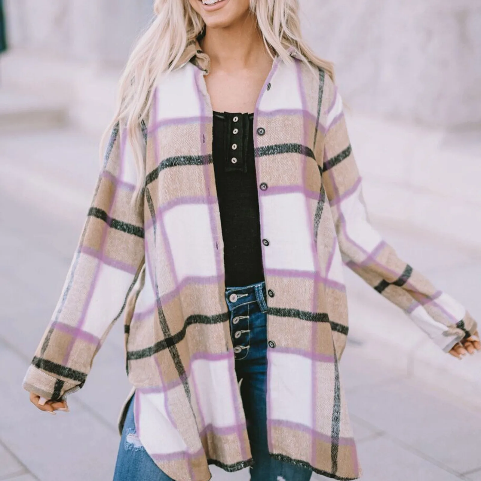 

Women's Brushed Plaid Shirts Long Sleeve Flannel Lapel Wool & Blends female Button Down Pocketed Cardigan Jacket Coats 2023