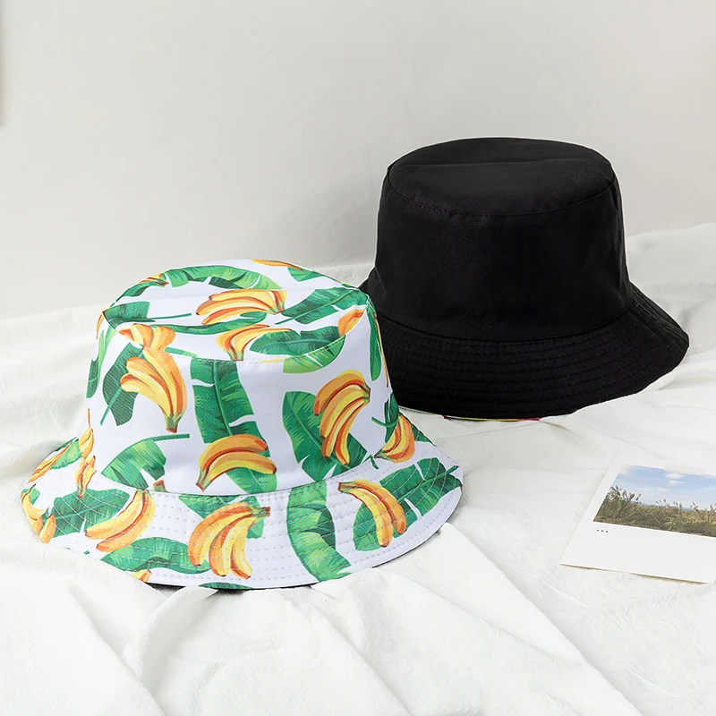 

New Fashion Unisex Bucket Hats Summer Double-sided Wear Fruit Printing Women Cap Outdoor Sun Hat Men Classic Panama Bucket Hat
