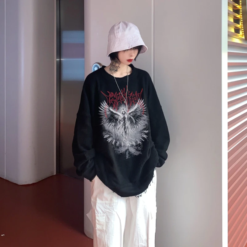 Y2K Hoodie Vintage Angel Print Ladies Hoodie Harajuku Winter Print Top Dark Aesthetic Fairy Death Rock Style Crew Neck