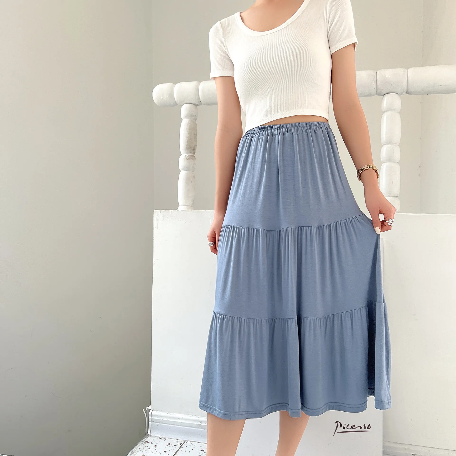

Women's Modal splices three layer cake summer dress skirt thin elastic loose show thin skirts