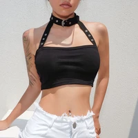 2021 women summer gothic sleeveless sexy halter harajuku short vest with necklace retro crop tops camis top black tank punk goth