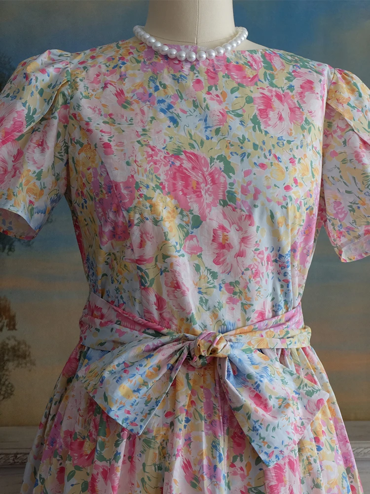 Spring Summer Women Loose Plus Size Vintage Style 80s Elegant Lady Romantic Pink Floral Print Handmade Cotton Dresses