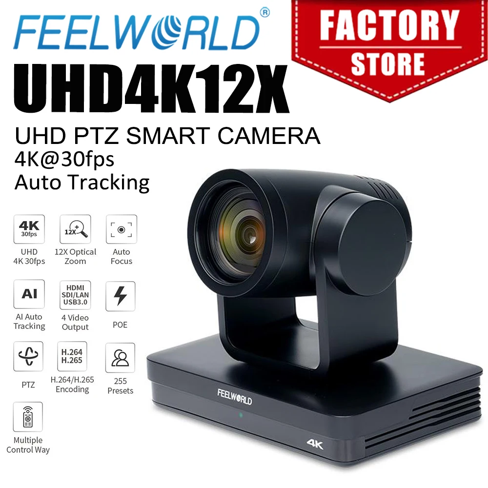 Камера FEELWORLD PTZ UHD4K12X, оптический зум 12X, 4K, 30 кадров в секунду, для видеоконференций, вещания, прямой трансляции, обучения, SDI, HDMI, USB, IP