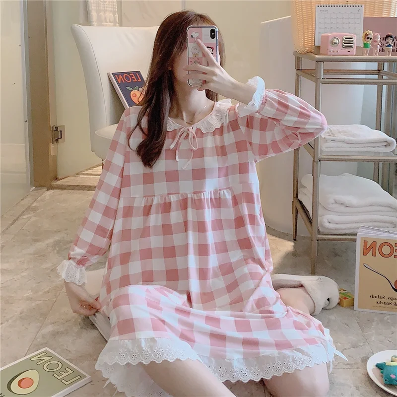 Women Nightgown Sleepwear O-neck Cartoon Print Long Sleeve Cute Sleepwear Girl Night Gown Female Sleeping Dress Lady Sleep Wear