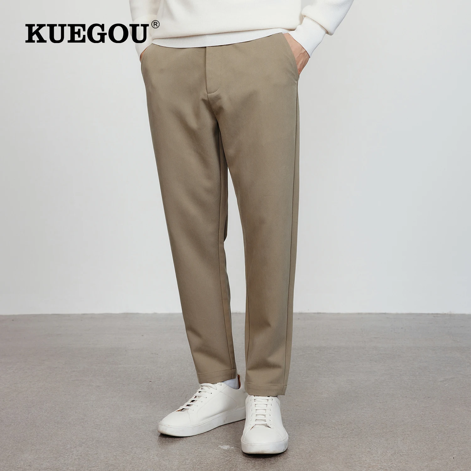 KUEGOU 2022 Autumn Solid Black Casual Pants Men Classic Brand Zipper For Male New Wear Work Straight Pocket Long Trousers 5112
