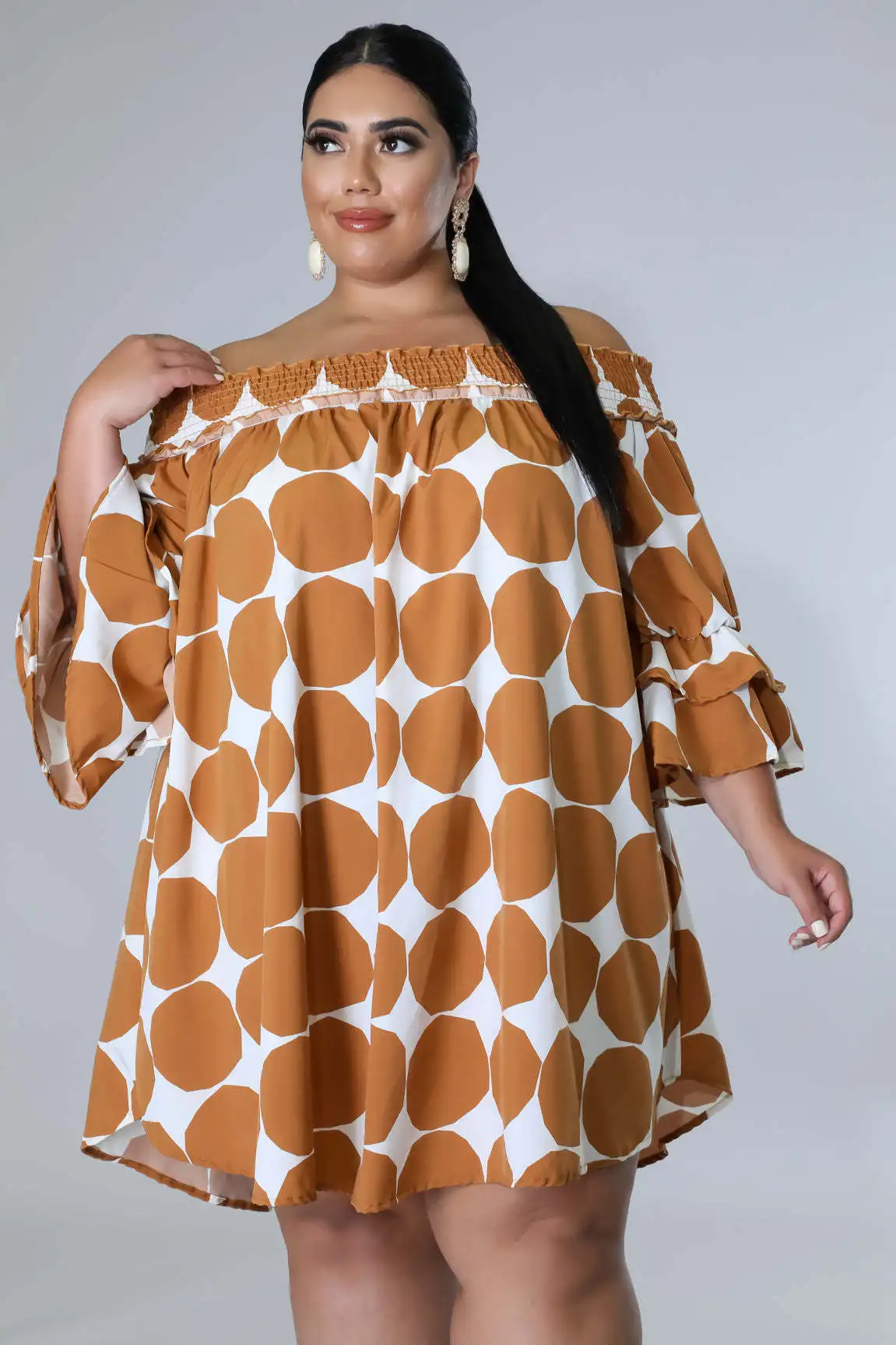 Plus Size Dresses Dot Slash Neck Mini Skirt Casual  Above Knee Mini Flare Sleeve Party Dresses Dresses for Women 2022 All Season