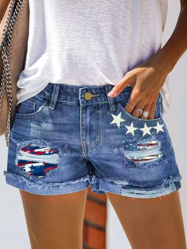 Women Fashion Ripped Rolled American Flag Star Frayed Denim Shorts Hole Summer Casual Pocket Jeans Ladies Hotpants Shorts