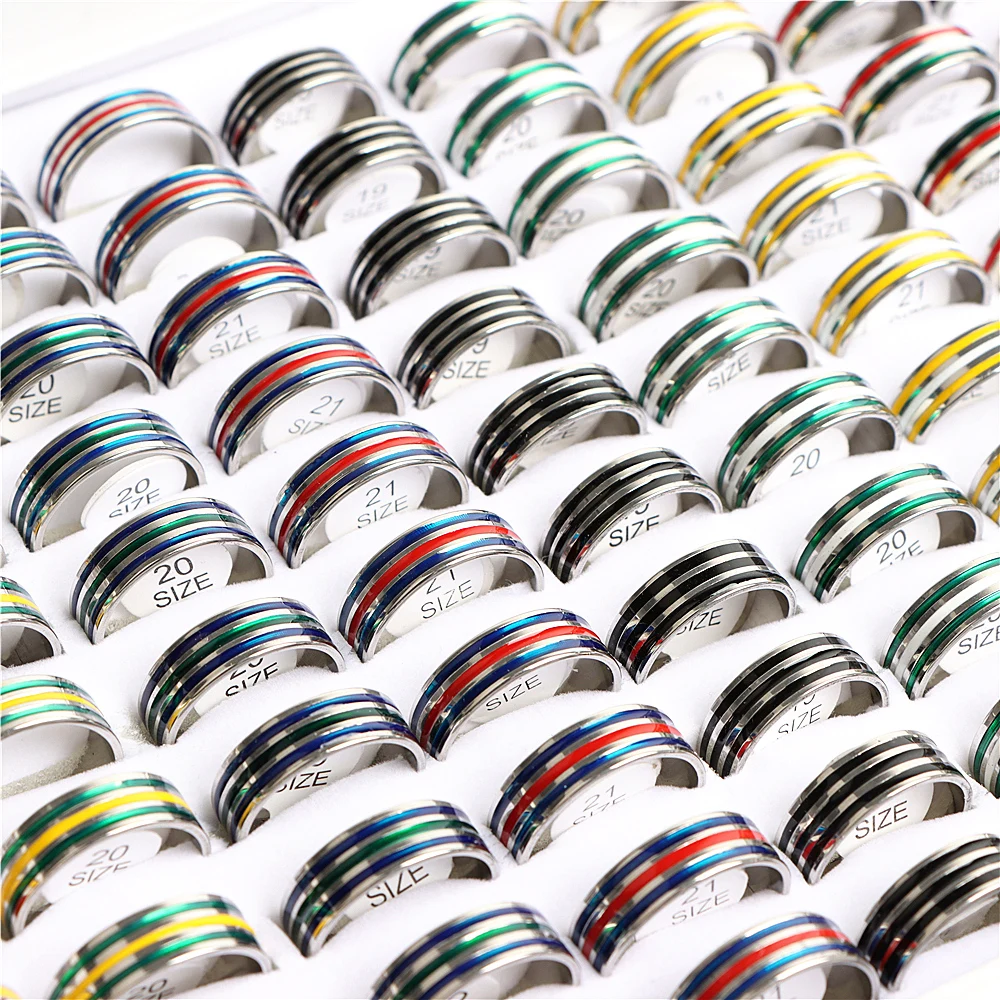 

Wholesale 100pcs/lot Fashion Colorful Striped Drip Oil Stainless Steel Rings For Women Men Mix Size Party Gifts Jewelry