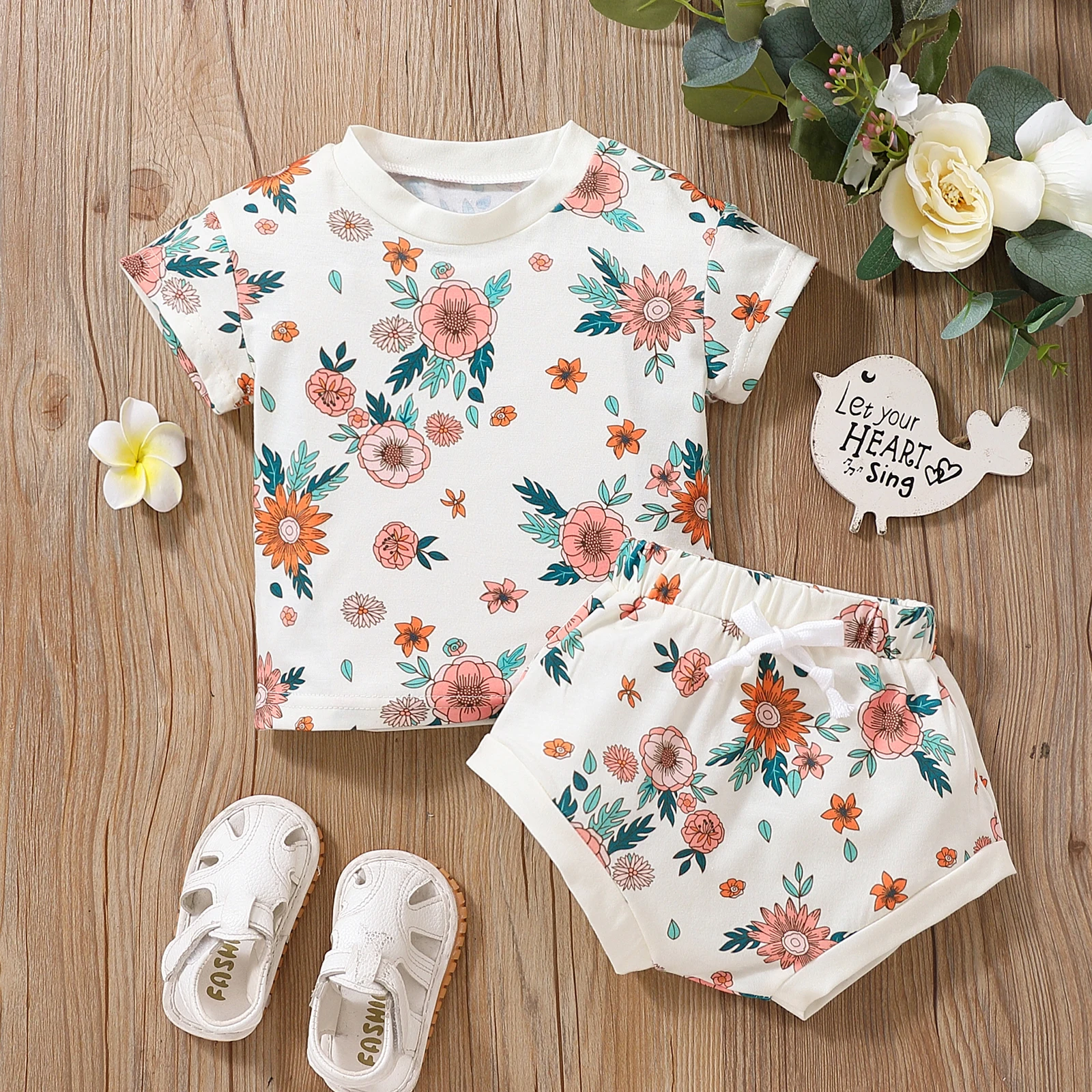 

Kids Girls Summer Clothes Sets 2022 Fashion Baby Floral Printed Short Sleeve T-shirt Pant Children Outfits