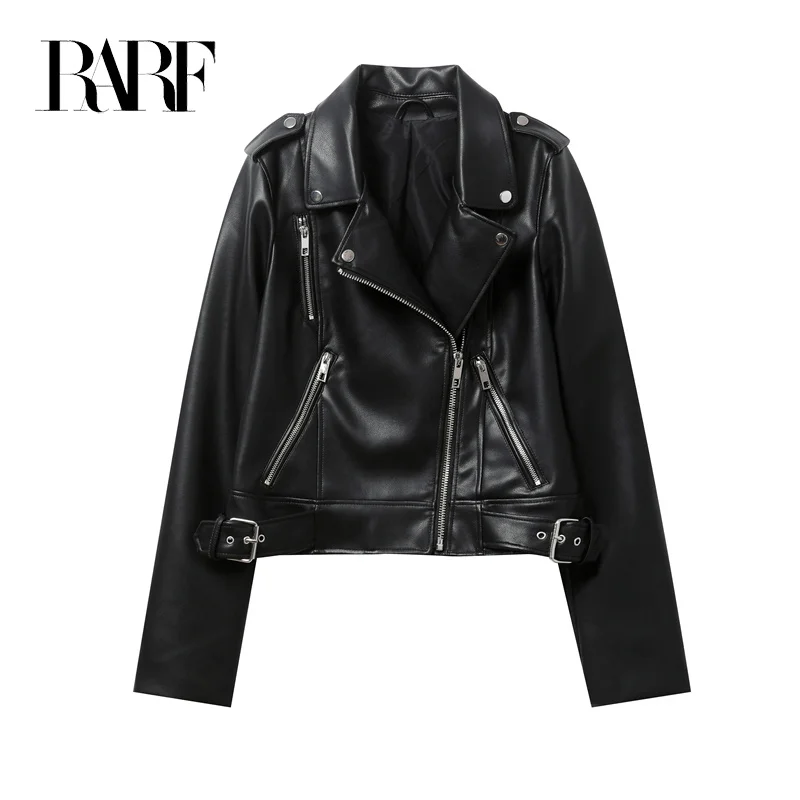 

2023 Women's Spring Black faux-leather jacket Casual zipper and belt Cycling jacket Casual jacket