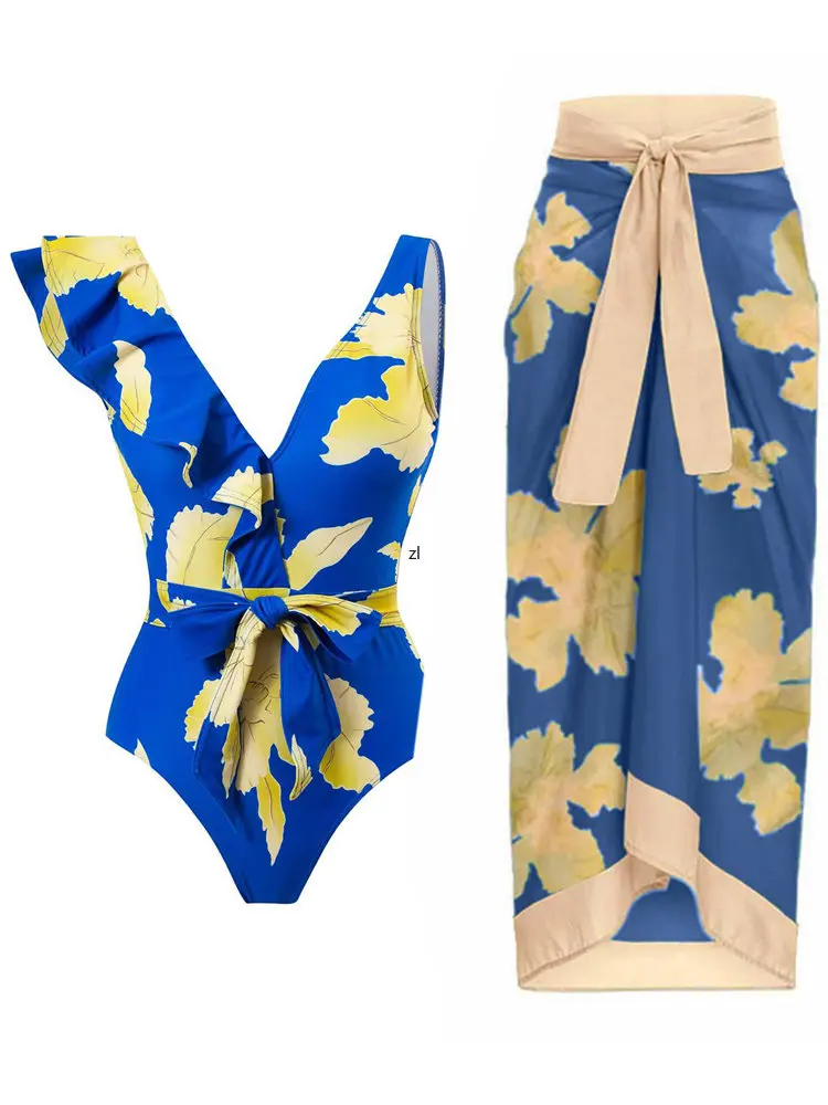Swimwear Bodysuit Bikini Sets Women Bodysuit And Skirt Bathing Suit Fashion New Print Patchwork Beach Holiday Cover Ups Outfits