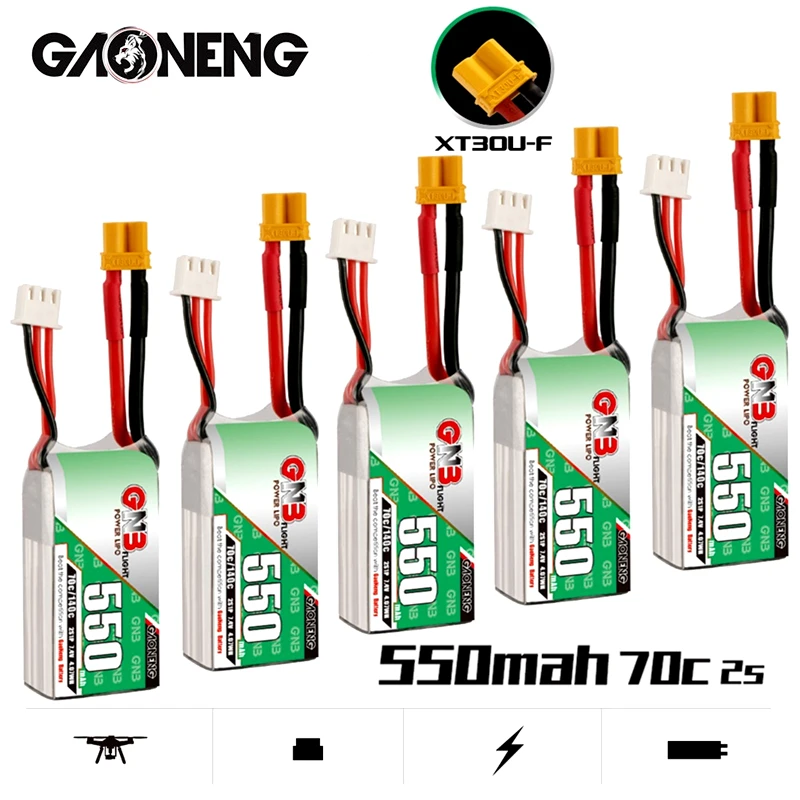 5PCS GNB 2S 7.4V 550mAh 70C/140C Lipo battery For Aurora 90 Emax babyhawk Mini RC FPV Racing Drone Parts 7.4V Battery With XT30