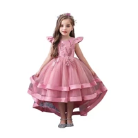 girls princess dress summer flying sleeve lace ruffles floral embroidery multi layer tulle dress fashion children dress 3 8 year
