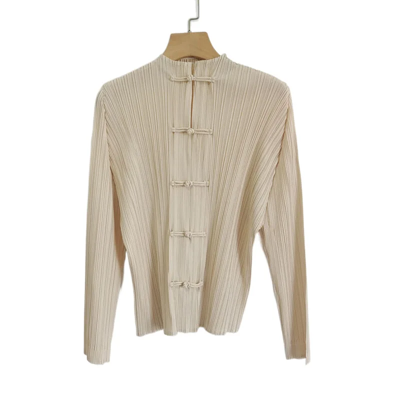 Женская футболка с длинными рукавами на пуговицах, плиссированная Новинка на весну, модный высокоэластичный Топ миаке в китайском стиле с высоким воротником