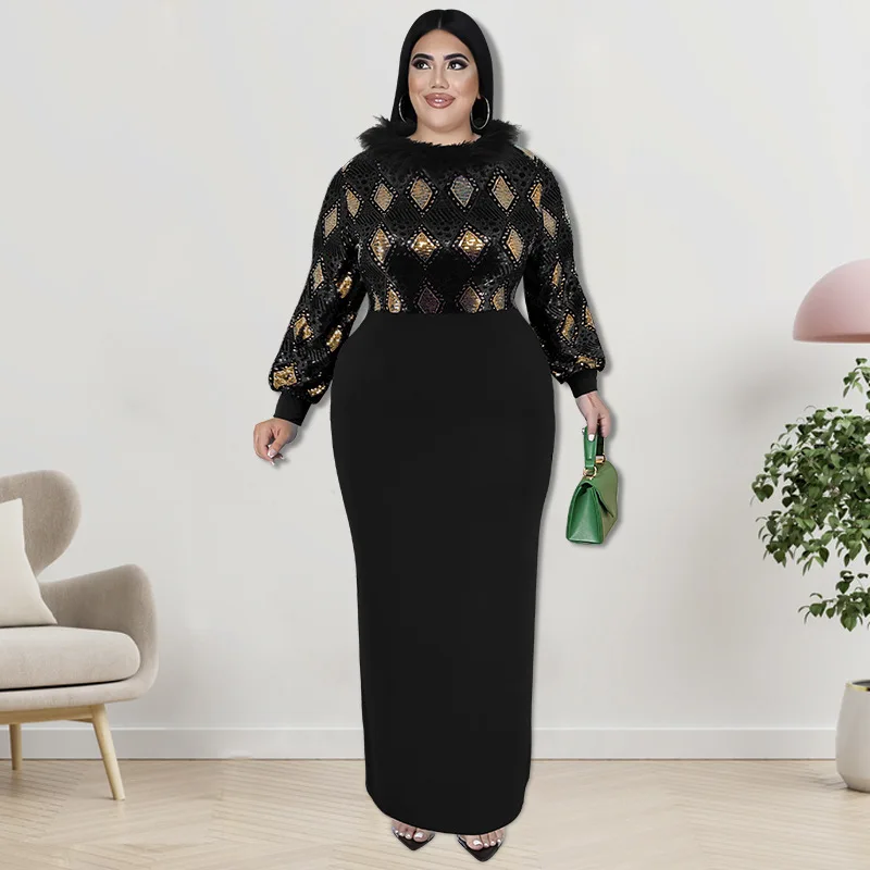 2022 Autumn and Winter Women's Colorful Ethnic Style Long Skirt Long Sleeve Sequin Stitching Feather Round Neck Plus Size Dress