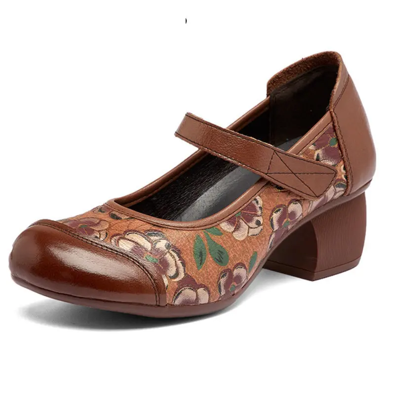 

4.5cm Natural Retro Genuine Leather Handemade Spring Summer Females Print Block Heel Moccasins Pumps Hook Women's Shoes