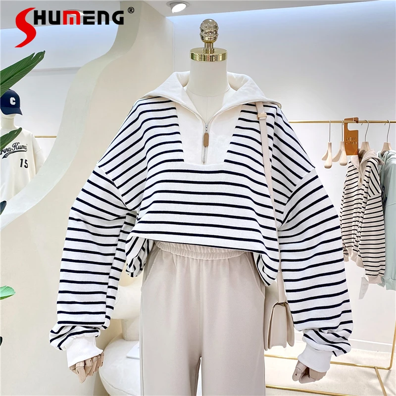 

2022 Spring Autumn New Ladies Korean Style Fashion Loose Sweatshirt Women's Casual Large Size Half Open Turtleneck Zipper Top