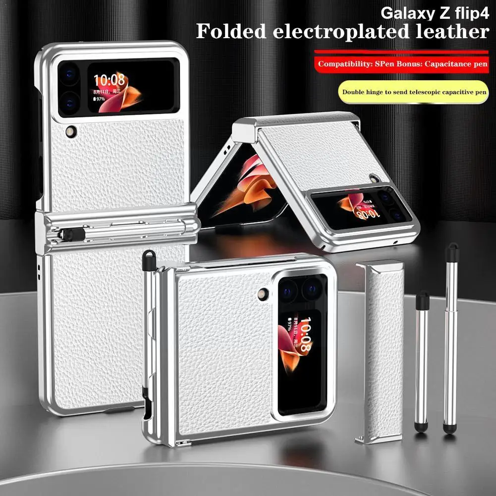 

For Samsung Galaxy Z Flip 4 5G Case Plating With Pen Slot Leather Dual Hinge Cover For Galaxy Z Flip4 Case P4F4