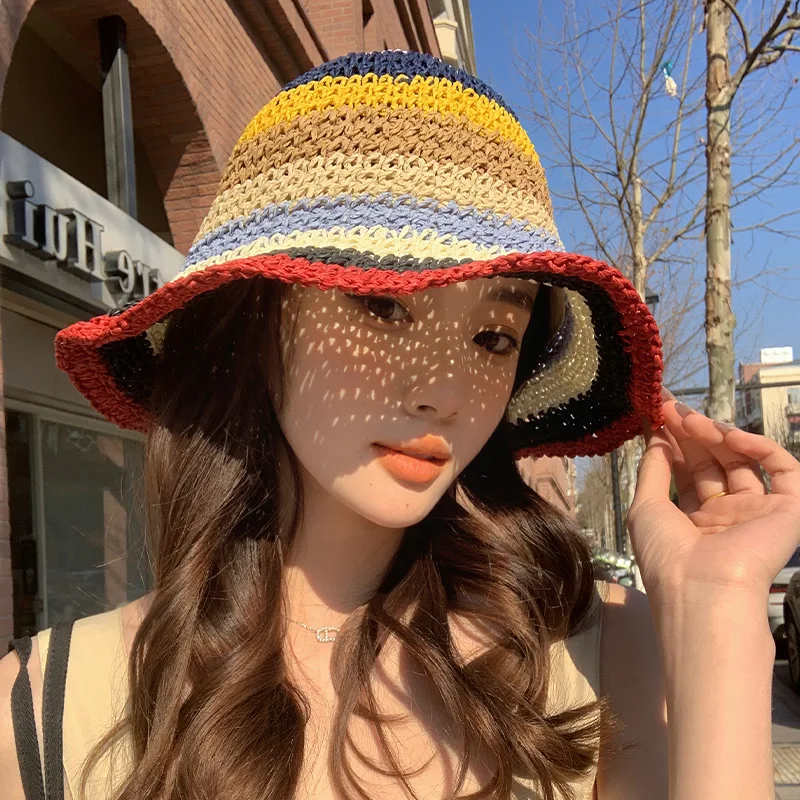 Новая популярная летняя пляжная панама женская вязаная соломенная радужная