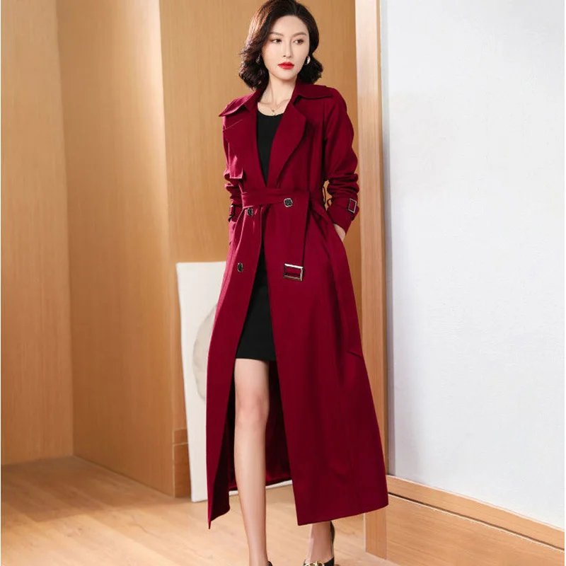 Autumn Women's Trench Coat Wine Red Lapel Double Breasted With Belt Female Windbreaker long sleeve Lady British Casual Jacket