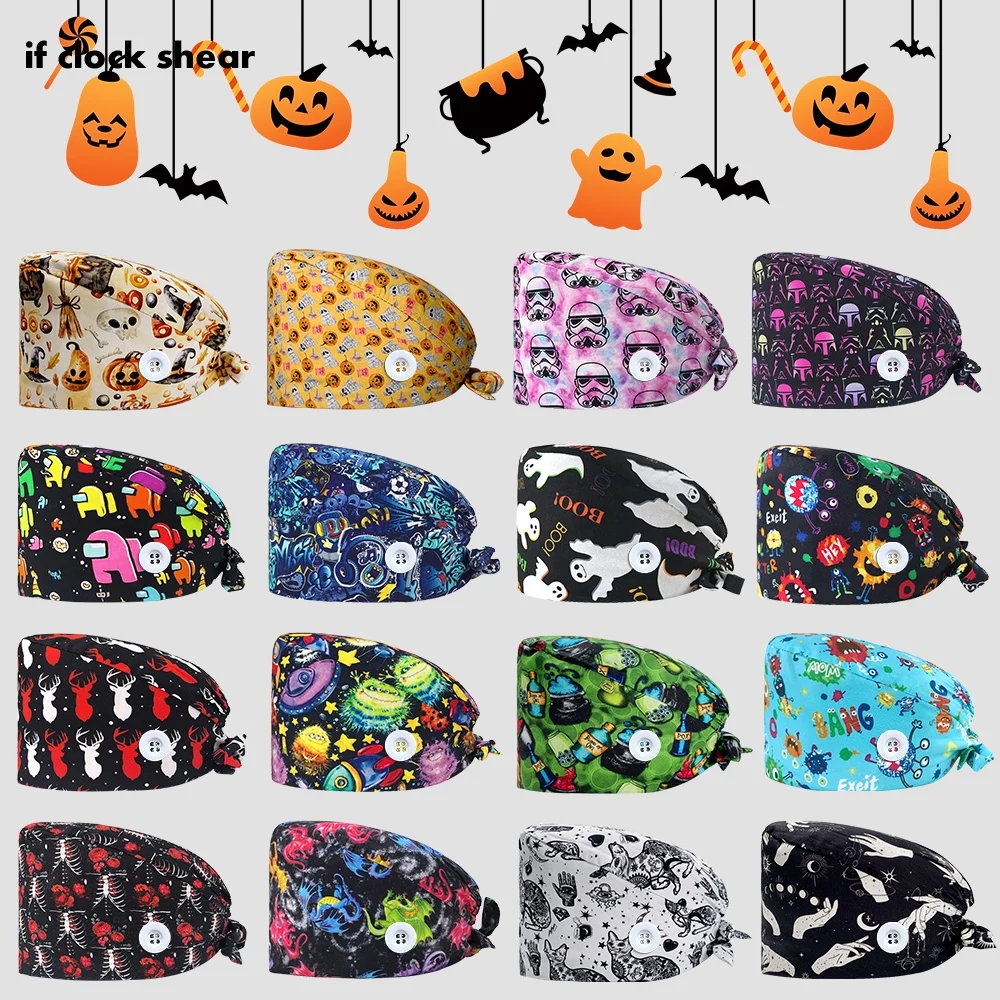 

Baotou Surgical Caps Halloween Print Pharmacy Pet Hospital Women Doctor Surgery Hat Nurse Doctor Hat Buckle Medical Accessories