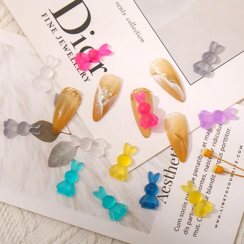 

20Pcs/Bag Nail Art Charms Long Ear Rabbit Colorful Jelly Design Flat Bottom Nails Decorations DIY 3D Resin Manicure Accessories