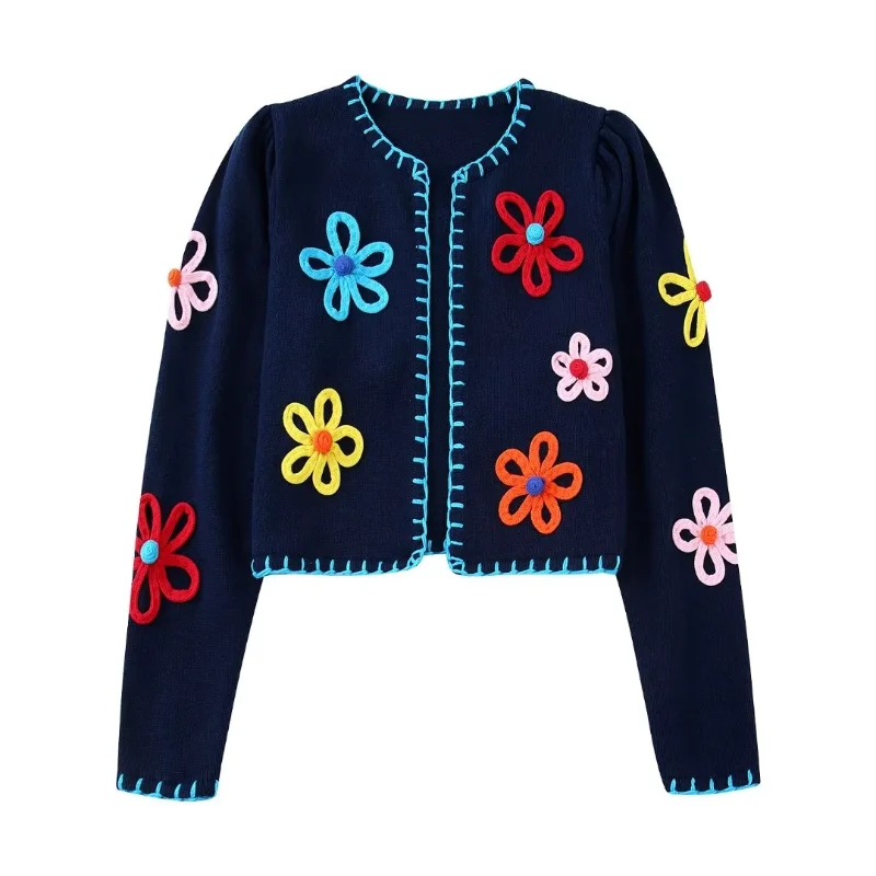 

Hikigawa Chic Fashion Women Autumn Retro Floral Embroidery Short Cargidan Coat Casual Open Stitch Long Sleeve Jackets Tops Mujer
