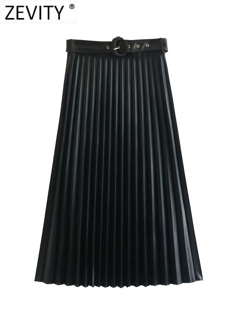 

Zevity Women Fashion PU Leather Buckle Sashes Pleated Midi Skirt Faldas Mujer Female Chic Side Zipper Casual Vestidos QUN3214