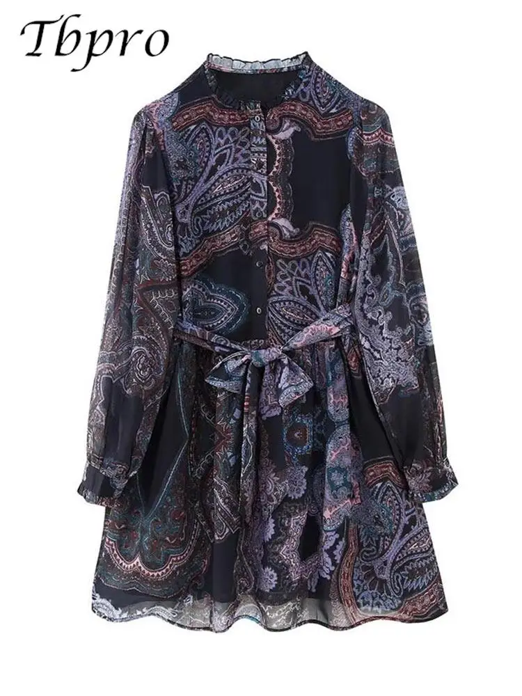 

Короткое платье с контрастным принтом, стоячим воротом и длинными рукавами, женское однобортное облегающее платье на шнуровке с поясом, элегантное весенне-Летнее мини-платье