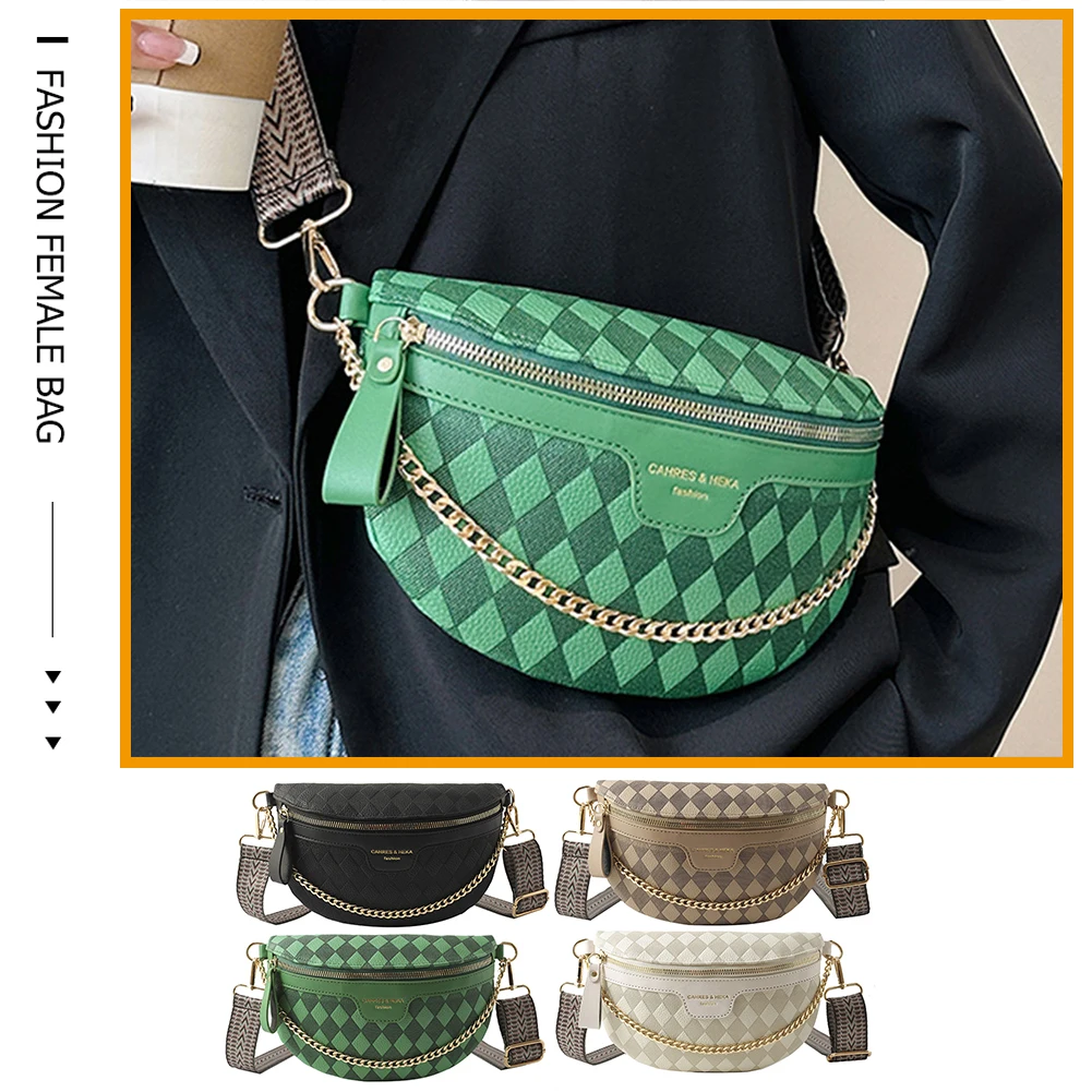 

Fanny Pack Bum Bag Fashion Chain Rhombic Lattice Female Sling Waist Pack Casual Portable Simple Wide Strap for Weekend Vacation