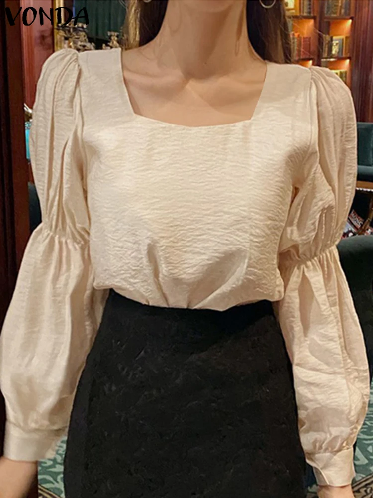 

Элегантная блузка VONDA для женщин, повседневные однотонные рубашки с длинным рукавом и квадратным вырезом для вечерние Ринок, женские свобод...