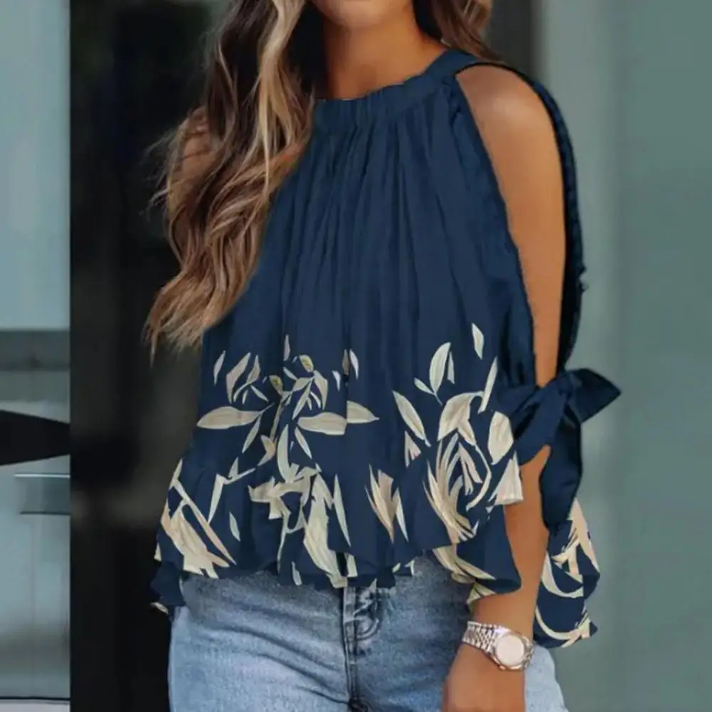 

Contrast Color Vintage Style Halter Neck Hollow Out Women Tops Leaf Pattern Breathable Summer Blouse Soft Fabric Women Tops