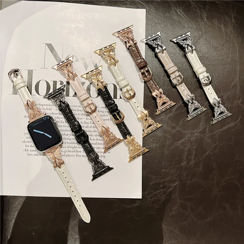 

Fashion Butterfly Jewelry Leather Watch Band For Apple iwatch 7 6 5 4 3 2 1 SE Smart Replacement Watch Strap 42 44 45 38 40mm 41