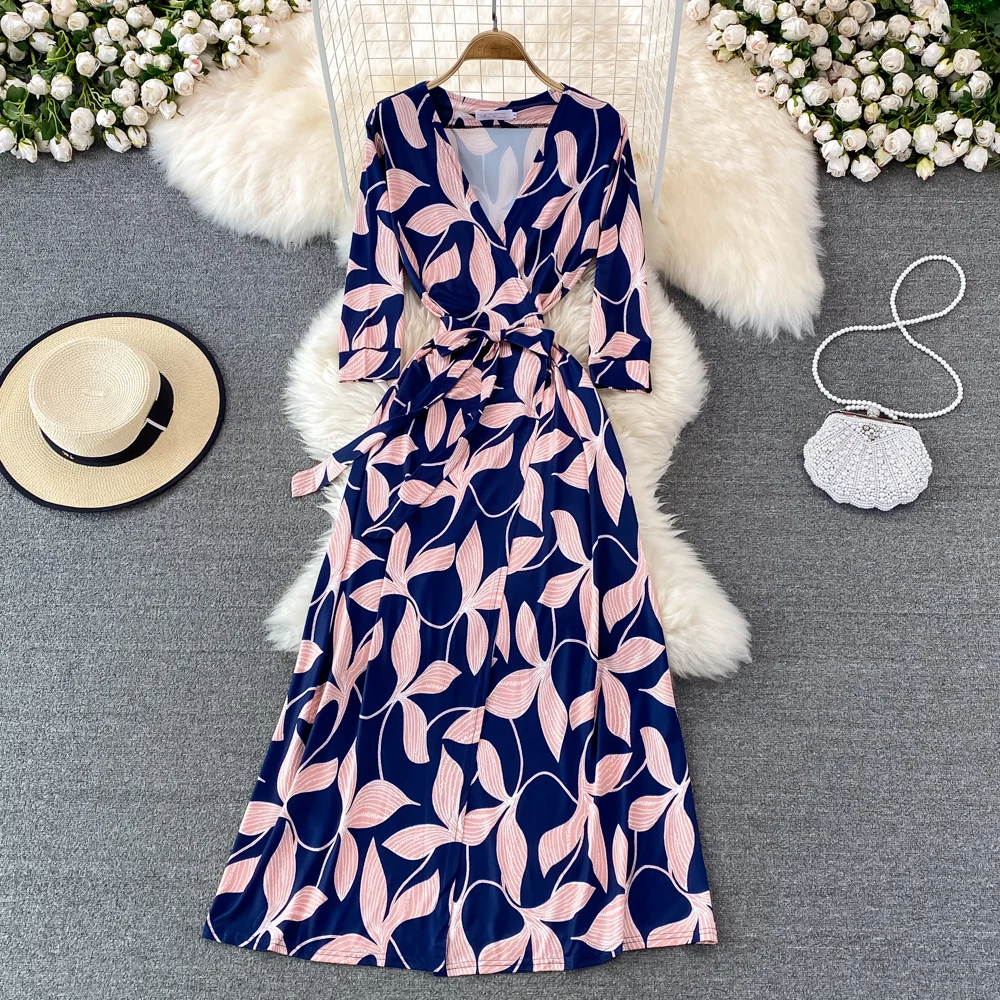 

One Piece Wrap Dress Summer Korean Fashion Three-quarter Sleeve V-Neck Print Tie Waist Thin Dress