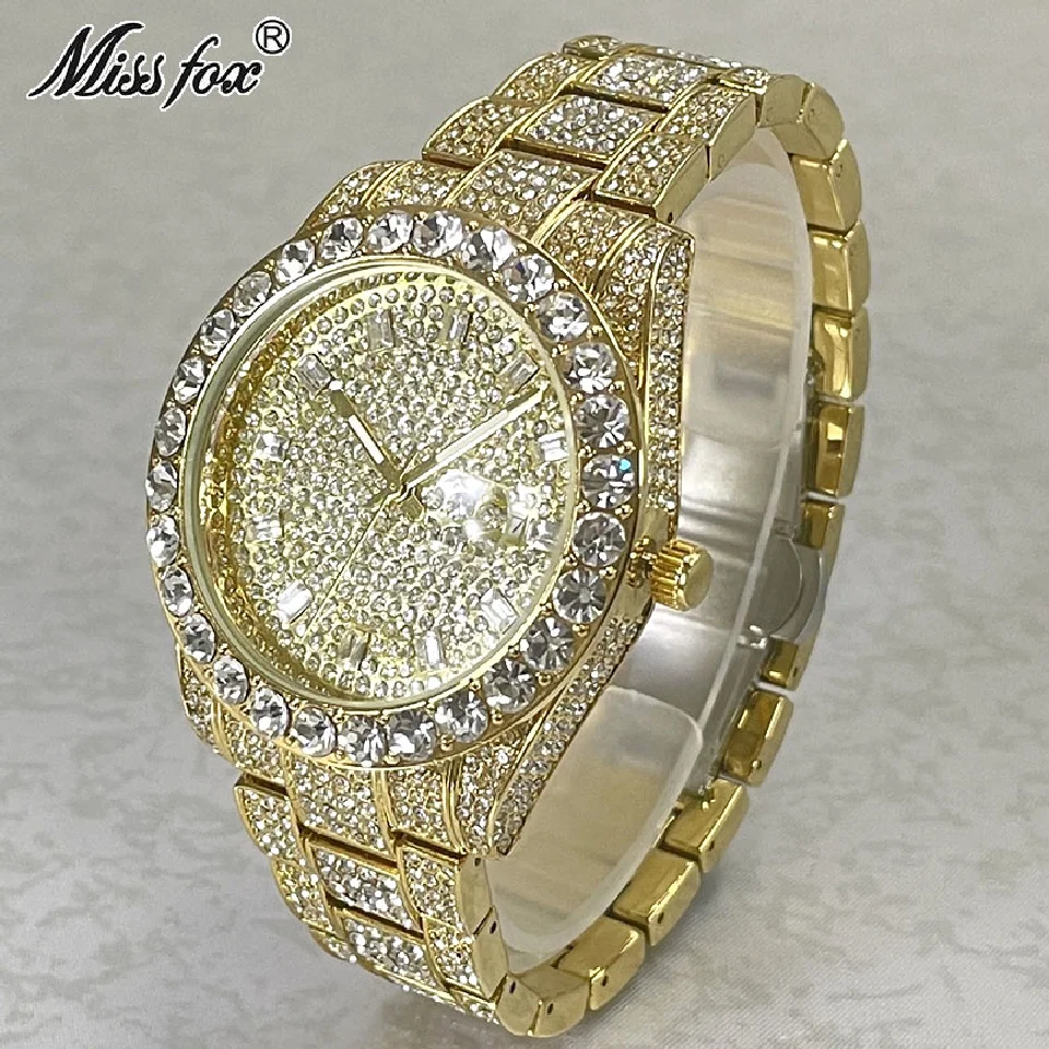 

Hip Hop Brand MISSFOX 18K Gold Men Watches Luxury Iced Out Full Diamond Clocks Male Steel Automatic Date Fashion Watch Relogio