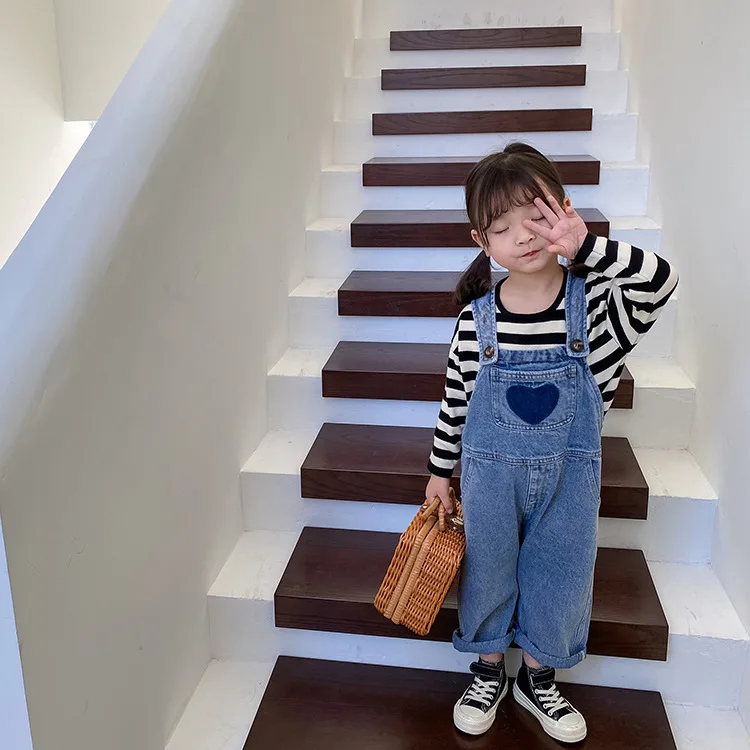

Korean Version Children's Jumpsuit Spring 2022 Boys Girls Baby Love Denim Overalls 3 4 5Years Gifts Heart Clothes