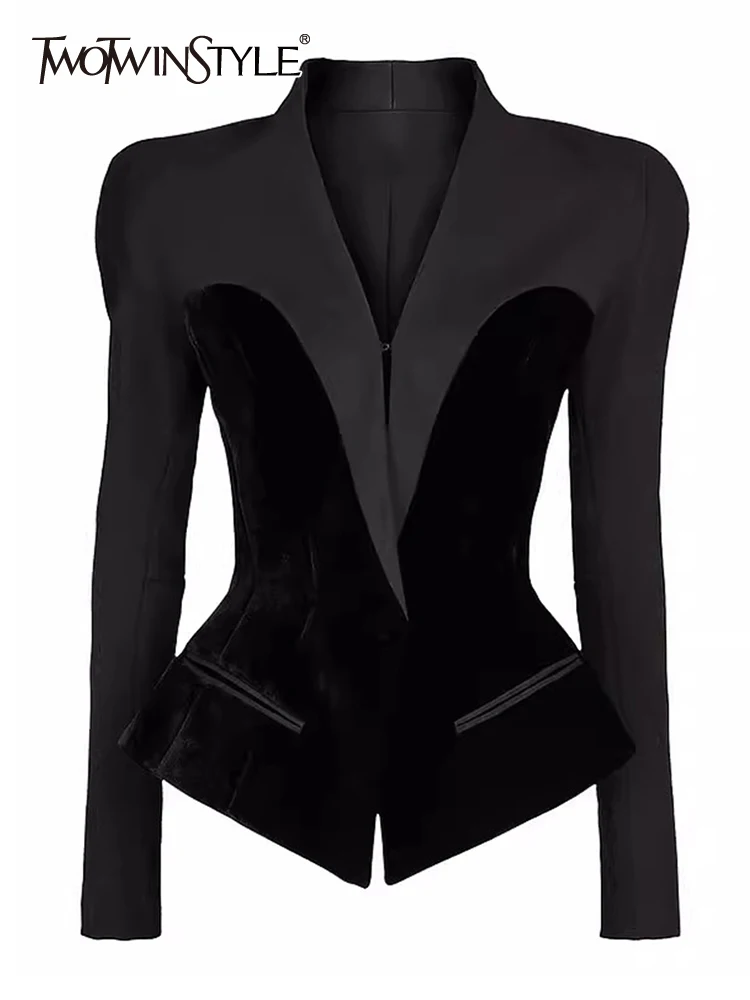 

Женский лоскутный Блейзер TWOTWINSTYLE, с карманами, v-образным вырезом, длинным рукавом, туника для похудения, модная одежда 2023