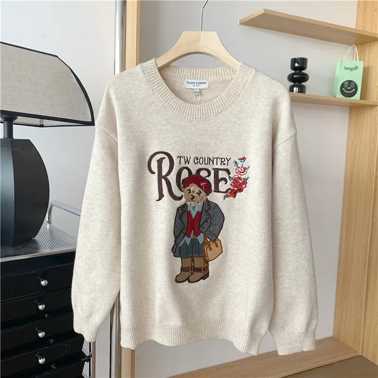 

Rose Bear Embroidery Sweater for Women, Casual Jumpers, Loose Pullovers, Full Sleeves, Lady Traf Knitwear