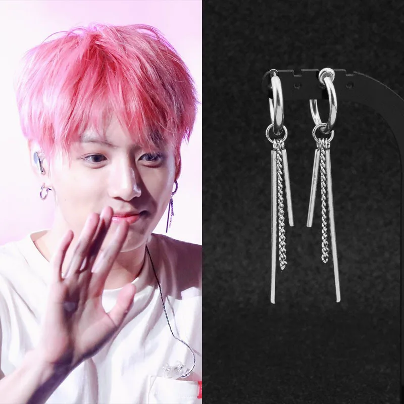 

Kpop Boys Same Single Punk Earrings Stainless Steel Ear Clip Tassel Long Chain Hip-hop Pop Ear Guys Jewelry Stud Earring Unisex