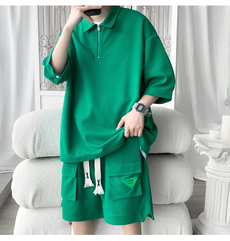 

Plus Size 5XL-M Fashion Waffle Loose Casual Men's Sets Simple Turn Down Collar Short Sleeve Polo Shirts And Shorts Streetwear