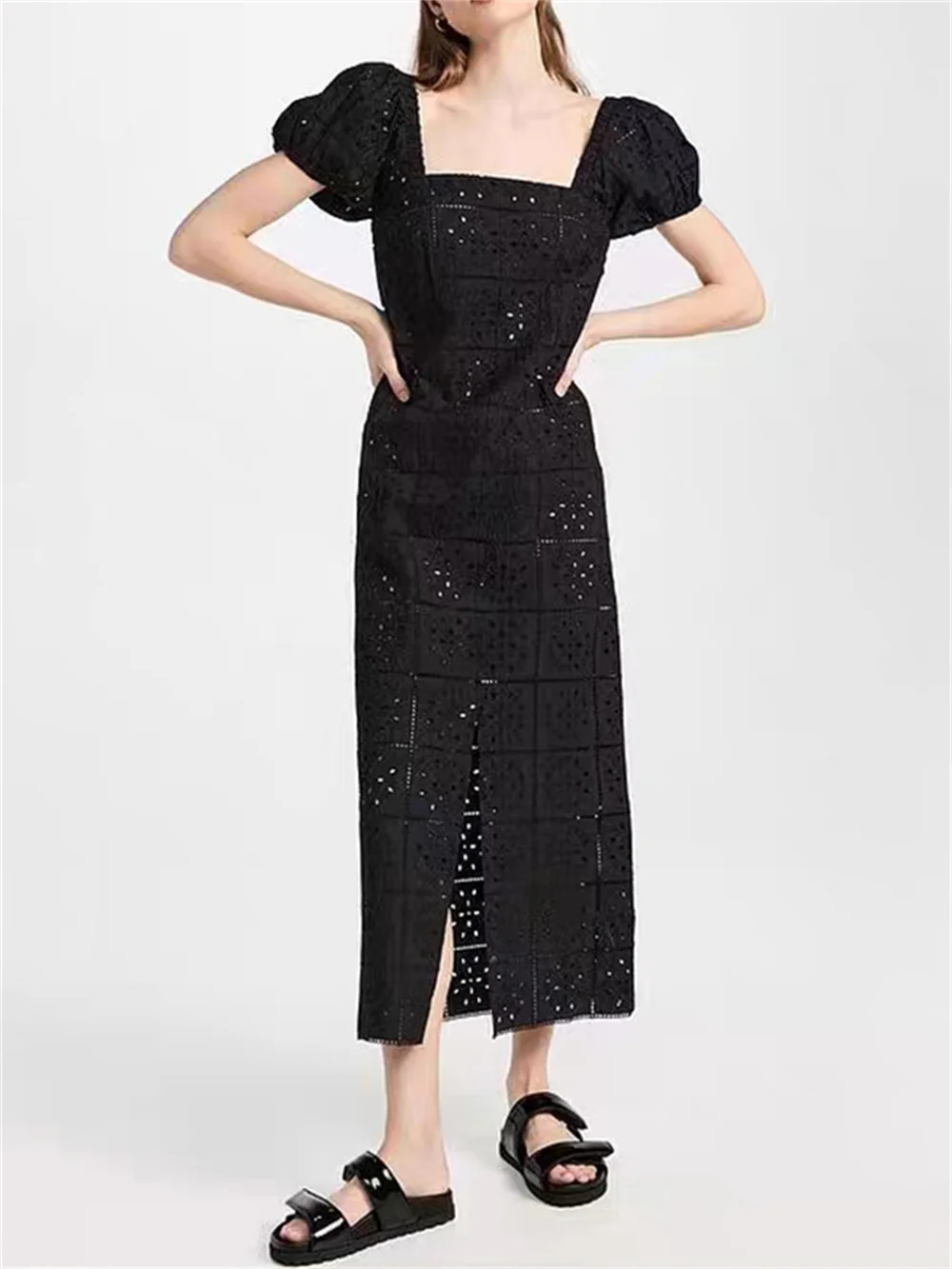 

Women Embroidery Hollow Out Sweet Dress 2023 Summer New Ladies Short Puff Sleeve Square Collar Slit Hem Straight Midi Robe