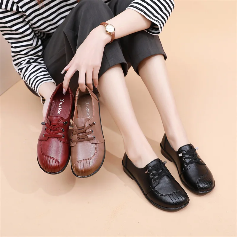 Vintage Women Flats Shoes platform sneakers women  Casual Leather Shoes Moccasins Mom Shoes High Quality Non slip Ladies shoes