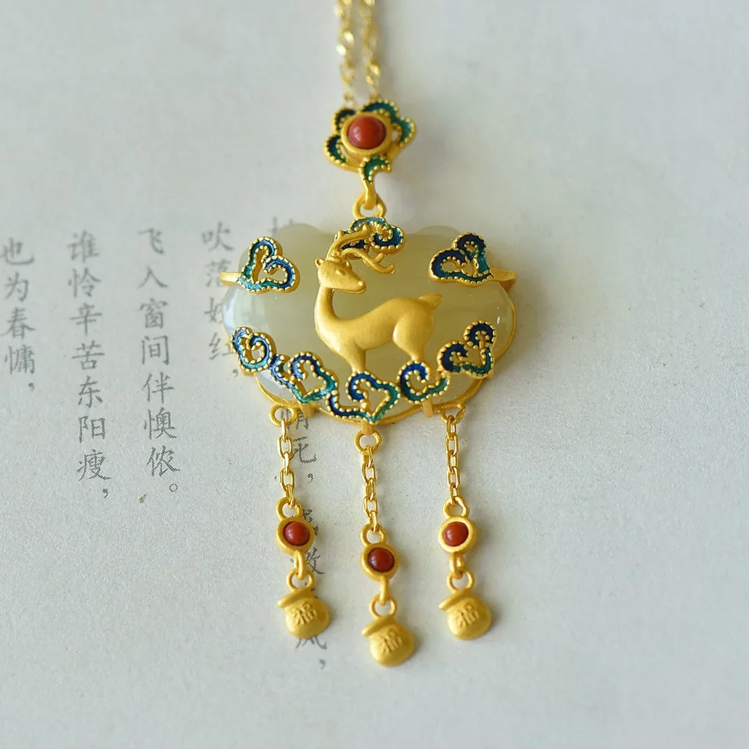 Ожерелье с белым нефритовым оленем колье подвеской китайское серебро 925 пробы