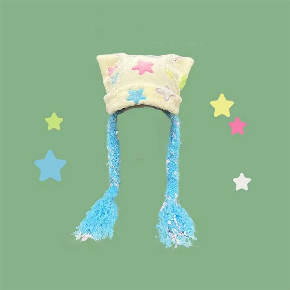 

Y2k Colorful Star Braided Hat Cat Ear Woolen Hat For Girls Sweet Versatile Pullover Ear Protection Warm Hat With Colorful Hat