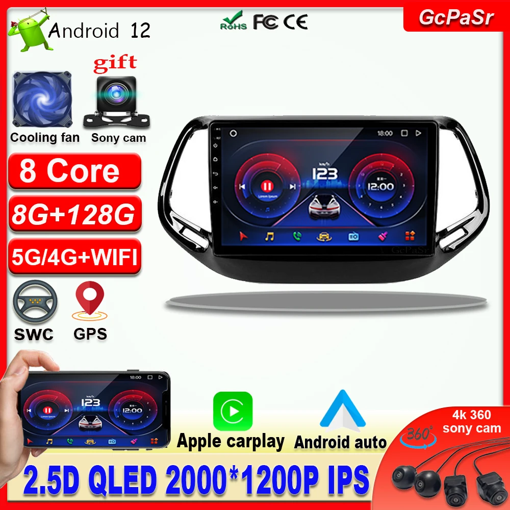 QLED 360 cameras 8G+128G Android 12 For Jeep Compass 2 MP 2016 2017 2018 2019 Car Radio Multimedia Video Player Navigation GPS