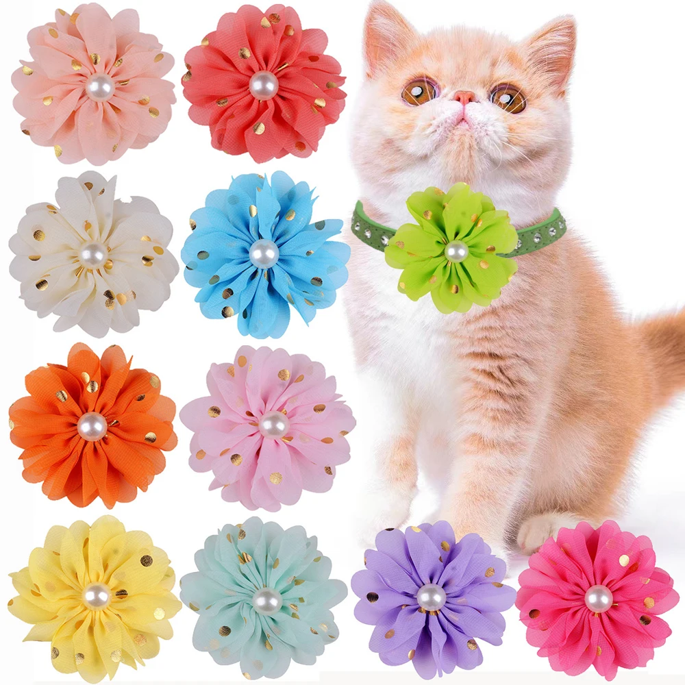 

Wholesale 20 Pack Pet Deco Chiffon Flower Cat Dog Grooming Bow Tie Puppy Collars Decorations Gold Stamping Dots Pearl Flowers