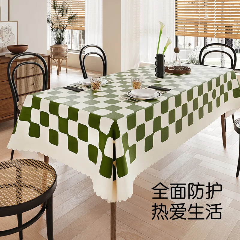 

Table cloth is washable, oil resistant, and water resistant. Table cloth is square in shape