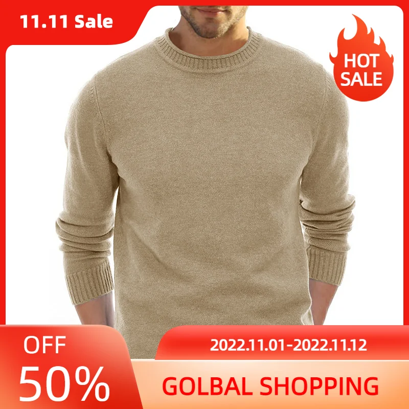 

LUCLESAM Men's Round Neck Sweater Slim Fit Knitted Pullover Wine Red Autumn and Winter New Warm Bottoming Long Sleeved Tops